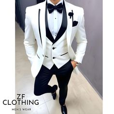 Men Suits 3 Piece Designer Tuxedo White And Black Lapel Style Suits Wedding Party Suits Elegant Suits Formal Fashion Bespoke For Men Item Include (Coat+ Vest+ Pant) Fabric:- Imported, Premium Color:- White Color Lapel Border:- Black Color Vest Lapel :- Black  Lapel  Color Pants :- Black  Dry Clean Recommended The suit is for wedding, Party, Proms, and Many Occasions. We make the suit according to our Standard size chart, If you are not sure about your size/measurement,  please give your body mea White Suit Black Pants Men, Black Coat Pant Men Formal, Black Fitted Sets For Ceremony, Fitted White Set For Party, Fitted White Party Set, White Fitted Party Sets, White Tuxedo Three-piece Suit For Party, White Tuxedo Set For Party, White Tuxedo Style Party Set