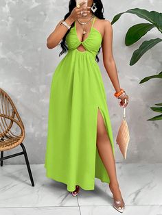 Crisscross Tie Backless Halter Swing Dress Maxi Women Outfit Green Sexy  Sleeveless Fabric Plain Cami Non-Stretch  Women Clothing, size features are:Bust: ,Length: ,Sleeve Length: Bandeau Dress, Women Midi, Women Maxi, Women Long Dresses, Long Dresses, Kids Sleepwear, Swing Dress, All Fashion, Women Clothing