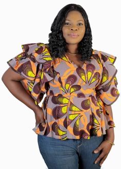 African Print Top Unlined. Double butterfly sleeves. 100% African Wax cotton. Styling Tips:  This top is versatile and she's appropriate for both business and play. She looks great on jeans, slacks, and skirts.  Take Care of Her 1. Handwash or wash on a delicate cycle. Line-dry.  2. Iron inside out.  3. Do not bleach. Let's be friends.  www.instagram.com/designsbyabike www.facebook.com/designsbyabike  Pinterest: pintrest.com/designsbyabike E-Mail: hello@abikeoyedele.com www.abikeoyedele.com www.designsbyabike.com Brown Cotton V-neck Blouse, Fitted Brown Cotton Blouse, Purple Cotton V-neck Blouse, African Print Top, Ankara Blouse, Double Butterfly, African Print Tops, Latest African Fashion Dresses, Butterfly Sleeves