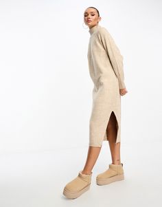 Beige Midi Dress With Side Slits, Oversized Beige Midi Dress, Loose Knitwear, Dress With High Neck, Girly Style, Knitwear Dress, High Neck Long Sleeve, Girly Fashion, Cream Dress