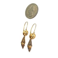 Elegant Early 19th Century  hand made  18k Gold Portuguese Filigree Bomb drop earrings with a hook front hinge . with amazing work,  not Stamped ,they can be detached and used both way  3.8 grams .1.5" H by 0.25" w by 0.25" D Victorian 14k Gold Filigree Earrings, 14k Gold Victorian Filigree Earrings, Victorian Yellow Gold Dangle Earrings, Heirloom Pierced Drop Earrings, Heirloom Drop Earrings, Pierced, Heirloom Drop Earrings, Antique Filigree Drop Earrings, Victorian Filigree Round Earrings, Victorian Round Filigree Earrings