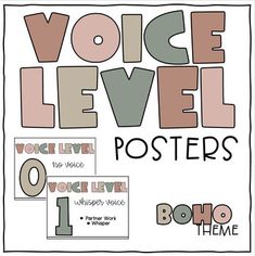 a poster with the words voice level posters written in different colors and font styles on it