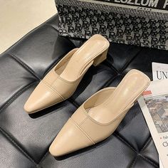 Lasaky - Mule-style Slip-on Sandals with High Chunky Heels and Pointed Toe - Fashionable Swappable Outdoor Footwear Black Sports Shoes, Chic High Heels, Square Head, Pu Heels, Dress And Heels, Mules Shoes, High Heel Sandals, Beige Color, Chunky Heels