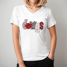 Important holiday update: Christmas delivery on orders placed after Dec. 8th are not guaranteed to arrive before Christmas. If placing an order after this date, refunds will not be offered due to arrival post Christmas holiday. Georgia fans, Looking for a fun, unique T-shirt?  This is a perfect choice. Fun Dawgs design with flattering V-neck fit. This soft jersey tee is comfortable enough to wear all day long. High quality print will make it an instant favorite in every wardrobe. .: 100% Airlume combed and ring-spun cotton (fiber content may vary for different colors) .: Light fabric (4.2 oz/yd² (142 g/m .: Retail fit .: Tear away label .: Runs true to sizeThe holiday season is upon us! In order to receive Christmas products on time, we have set order deadlines. For US sales, order by Dec. V-neck Graphic Print Top For Game Day, Red Custom Print Tops For Game Day, Red Custom Print Top For Game Day, Game Day Cotton T-shirt With Funny Print, Game Day Cotton Tops With Funny Print, Casual Game Day T-shirt With Custom Print, Casual Custom Print T-shirt For Game Day, Funny Print Cotton Tops For Game Day, Cotton Tops With Funny Print For Game Day