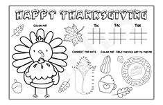 a thanksgiving coloring page with turkeys and other things to color on the page,