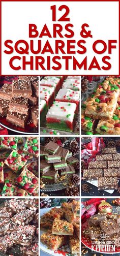 twelve christmas desserts with the words 12 bars and squares of christmas