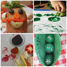 four different pictures with vegetables and faces on them