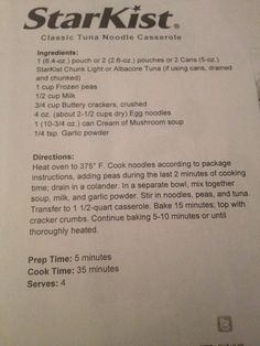 the instructions for stark - istt's classic tuna noodle casserole