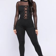 Lace Up Long Sleeve Jumpsuit, Comfortable And True To Size. Never Worn. Black High Waist Jumpsuits And Rompers For Fall, Black High-waist Jumpsuits And Rompers For Fall, Casual Black High Waist Bodysuit, Fashion Nova Pants, Long Sleeve Jumpsuit, Black Lace, Fashion Nova, Pant Jumpsuit, Jumpsuit Romper