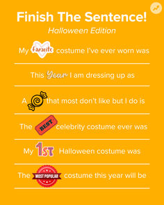 halloween finish the sentence graphic Horror Movie Marathon, Finish The Sentence, Perfect Halloween Costume, Popular Costumes, Celebrity Costumes, Movie Quiz, Creep It Real, Last Minute Costumes, The Sentence