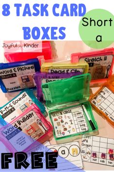 the 8 task card boxes are filled with words and pictures to help students learn how to use