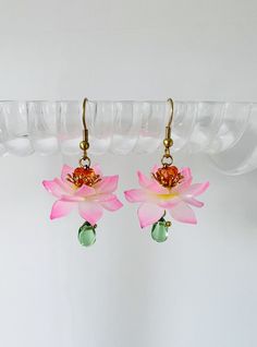 Shrink Plastic Pink Lotus Flowers with Seedpod and Crystal Drop Dangled Earrings, Zen Gift, Handmade Earrings, Zen Earrings Lotus Flower Earrings, Lotus Accessories, Shrinky Dink Jewelry, Ethereal Jewelry, Zen Gifts, Buddha Jewelry, Lotus Earrings, Pink Lotus, Lotus Flowers