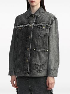 This washed denim Ganni jacket offers a relaxed aesthetic with frayed detailing, a classic collar, and generous pockets. The drop shoulder and long sleeves enhance its casual vibe, perfect for outings and streetwear looks.

- Composition: 100% Cotton  
- Made in Turkey  
- Sizes available: XXS to XL Ganni Jacket, Grey Jacket, Designer Products, Turkey Size, Washed Denim, Gray Jacket, Denim Wash, The List, Drop Shoulder