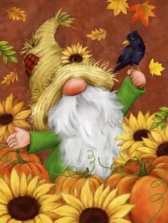 a painting of a gnome with sunflowers and a bird on his shoulder, surrounded by autumn leaves