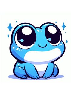 a blue frog with big eyes sitting on top of it's stomach and looking at the