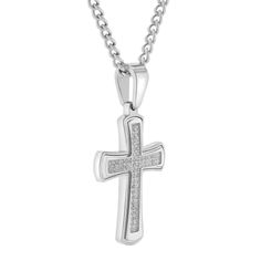 1/2ctw diamond stainless steel cross pendant. Includes a 24-inch stainless steel link chain necklace with lobster claw closure. Stainless Steel Cross Pendant Necklace With Box Chain, White Gold Cross Necklace With Adjustable Chain, Diamond Cross Necklace With Polished Finish, Classic Stainless Steel Jewelry With Cross Pendant, White Gold Cross Chain Jewelry, Stainless Steel Cross Jewelry With Box Chain, White Gold Necklace With Cross Pendant, White Gold Stainless Steel Crucifix Necklaces, Stainless Steel Cross Chain Jewelry