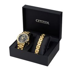 From the Citizen Eco-Drive® Nighthawk Collection, this men's watch and bracelet set are sure to wow. The watch features a black dial with luminous gold-toned hands and crystal markers, 3 chronograph sub-dials, a date display at the 3 o'clock hour, with a crystal-lined bezel and mineral crystal in a 42.0mm gold-toned stainless steel case. The Japanese quartz movement ensures accurate time keeping and the Citizen Eco-Drive® technology harnesses the power of light so it never needs a new battery. T Mens Watches Citizen, Power Of Light, Mens Watch Box, Mens Chronograph, Bracelet Box, Citizen Eco, Peoples Jewellers, Eco Drive, Mens Gold