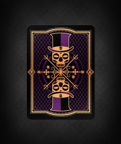 a black and purple background with two skulls in top hats on each side of the card