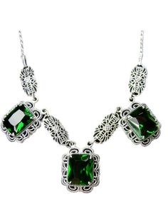 Sterling Silver NecklaceFestoon Design#P8 Introducing the Festoon Necklace P8 - a reproduction of a stunning Victorian era masterpiece! This breathtaking sterling silver filigree necklace is perfect for the jewelry connoisseur who loves and admires antique style vintage pieces. The flawless 3.5ct emerald cut gemstones are 10mm x 8mm x 5mm each, making this a truly unique and captivating piece.Each necklace is 18" long with an adjustable length as short as 16". Each one is marked 925 for sterling Classic Pendant Necklace With Filigree, Classic Pendant Necklace With Intricate Design, Classic Filigree Necklaces For Formal Occasions, Ornate Necklaces With Intricate Design For Formal Occasions, Classic Formal Necklace With Intricate Design, Classic Formal Filigree Necklace, Victorian Silver Necklace With 17 Jewels, Ornate Jeweled Necklaces, Classic Filigree Necklaces For Gifts