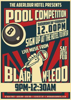 a poster for the pool competition with an image of a man holding a microphone in his hand