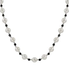 This sterling silver necklace shimmers with elegant beauty. Featuring faceted onyx and diamond-cut brilliance beads, this freshwater cultured pearl necklace adds a luminous touch to any ensemble. Wear this necklace with business or evening attire. Diamond-cut brilliance beads are coated with a tarnish-resistant finish. Rhodium plating lends extra radiance to the sterling silver construction. Necklace comes in a gift box. Details: 8-9-mm cultured pearls 18-in. necklace Lobster-claw clasp Rhodium- Eyeglass Jewelry, Crochet Unique, White Beaded Necklaces, Elegant Beauty, Cultured Pearl Necklace, Onyx Bead, Freshwater Cultured Pearls, Evening Attire, White Beads