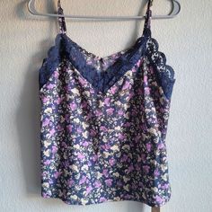 (Brand New, With Tags) Purple Lace Trim Top For Spring, Blue Floral Print Camisole Tank Top, Blue Floral Print Spaghetti Strap Tops, Casual Purple Top With Lace Trim, Purple Cotton Camisole Top, Purple Cotton Spaghetti Strap Tops, Fitted Purple Cotton Camisole, Purple Cotton Sleeveless Camisole, Purple Sleeveless Cotton Camisole