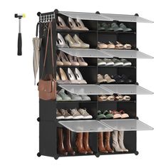 the shoe rack is holding many pairs of shoes