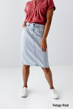 The 'Kyra' is another one of our very own exclusive denim skirts. Designed with everyday wear in mind, this skirt will pair well with just about any casual top in your wardrobe! This knee length denim skirt is 100% cotton and does not have stretch giving it a vintage vibe we love! Every woman needs a classic denim pencil skirt in her closet and this skirt is an excellent choice! Available in a classic light wash or statement black. 100% Cotton Machine Wash Cold Gentle Cycle Do Not Bleach Hang to Knee Length Denim Skirt, Modest Clothing Women, Denim Skirts Knee Length, Size 10 Models, Trendy Dress Outfits, Denim Pencil Skirt, Denim Skirts, Vintage Vibe, Daily Look