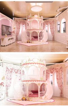 two pictures of the inside of a doll's house with pink furniture and accessories