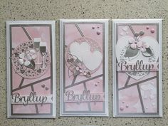 three cards with hearts and flowers on them, one has the word beautiful written in it