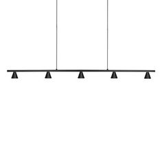 a black and white photo of three lights hanging from a ceiling fixture with one light in the middle