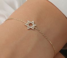 14k Gold Star of David Diamond Bracelet / Solid Gold Diamond Bracelet / Bat Mitzvah Gift / Religous Star Necklace / White Full Cut Diamonds ✔ Handmade ✔ Solid Gold ✔ Star Size: 12mm ✔ Diamond Ct Weight: .11ctw Worldwide DHL shipping now available 1-3 business days NOW USING ITALIAN TRIGGER LOBSTER CLASPS Available 14K Solid White, Solid Yellow, Solid Rose Gold 🛠 All Sarah Elise pieces are handcrafted to order, please allow 4 - 10 business days for shipping out. Need it sooner? Just ask and we w Pave Setting Bracelets As Gift, 14k Gold Bracelets With Pave Setting For Gift, 14k Gold Bracelets With Pave Setting As Gift, 14k Gold Bracelet With Pave Setting As Gift, Elegant Star Of David Jewelry For Wedding, Elegant Star Of David Wedding Jewelry, Fine Jewelry Star Of David Cubic Zirconia, White Gold Star Of David Jewelry For Gift, Delicate Gold Star Of David Jewelry