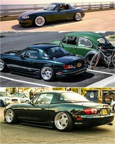 two cars parked next to each other in a parking lot, one is green and the other is black