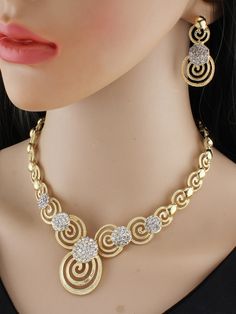 Rhinestone Decor Hollow Out Necklace & Drop Earrings Yellow Gold Glamorous        Women Fashion Jewelry, size features are:Bust: ,Length: ,Sleeve Length: Top Jewelry Trends, Unique Wedding Jewelry, Gold Bangles For Women, Fancy Jewelry Necklace, Fancy Jewellery Designs, Diamond Necklace Designs, Fancy Necklace, 10 Off, Diamond Jewelry Designs