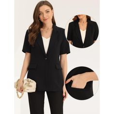 Looking for a stylish and sophisticated addition to your work wardrobe? Look no further than this lapel blazer for women. With its button-down front, lapel collar, and short sleeves, this blazer is the perfect combination of comfort and elegance. Whether you're dressing up for a big meeting or just want to add a touch of professionalism to your everyday look, this blazer is sure to impress. Pair it with some statement jewelry, dress pants, a skirt, or even jeans and you'll be ready to take on th Office Lady Blazer With Pockets, Office Lady Blazer With Lapel Collar, Single Button Solid Color Office Blazer, Office Lady Blazer With Pockets For Business, Single Button Blazer For Office, Office Solid Single Button Blazer, Single Button Collared Blazer For Business, Collared Office Blazer With Pockets, Semi-formal Office Lady Blazer With Double Button Closure