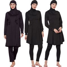 Trendy Fashion Women Muslim 3pcs Modest Swimsuit Burkini Full Cover Swimwear Islamic Swimming, Women's Swimwear Solid Fitted Long Sleeve Sets, Solid Color Fitted Long Sleeve Sets, Beach Sets With Solid Color And Long Sleeves, Solid Long Sleeve Beach Sets, Fitted Solid Color Beach Sets, Casual Long Sleeve Solid Swimwear, Beach Sets With Long Sleeves, Beach Long Sleeve Stretch Sets, Casual Fitted 3-piece Set