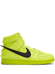 Neon-green leather x Ambush Dunk high-top sneakers from NIKE featuring signature Swoosh logo detail, perforated detailing, logo patch at the tongue, branded insole, round toe, front lace-up fastening, ankle-length and flat rubber sole. Green Leather Lace-up High-top Sneakers, Green Basketball Shoes With Rubber Sole For Streetwear, Green High-top Basketball Shoes For Streetwear, Green Basketball Shoes For Streetwear, Green High-top Sneakers For Light Sports With Rubber Sole, Green Sporty Sneakers For Streetwear, Sporty Green Sneakers For Streetwear, Modern High-top Sneakers With Rubber Waffle Outsoles, Modern Green Basketball Shoes For Streetwear