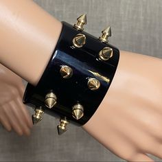 Couture Meets Punk With This Double Row Spiked Bracelet. Comes Directly From The Designer With A Dustbag. Gold Tone Spikes Beige Bracelet Is Also Available Separately Alongside With Matching Necklaces. Gold Punk Jewelry, Spike Aesthetic, 2010 Accessories, Shadow Costume, Toralei Stripe, Adagio Dazzle, Beige Bracelet, Oc Creator, Spike Bracelet