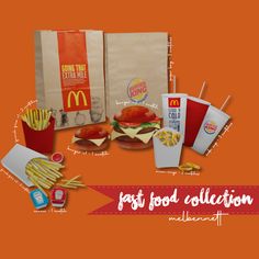 mcdonald's fast food collection with fries, hotdogs, and soda on an orange background