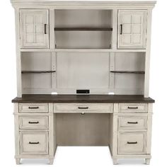 an old white desk with drawers and cupboards on the top, in front of a white background