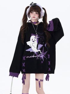 Embrace the Halloween spirit with our uniquely designed Colorblock Hooded Sweater. Featuring an adorable Little Ghost on the front, this sweater combines spooky fun with stylish flair. The colorblock design adds a contemporary touch, while the lace-up detail on the sides brings an additional layer of visual interest. For a playful twist, the cuffs are adorned with distressed holes, giving the sweater a trendy, worn-in look. Perfect for Halloween festivities.  Garment Size   	 		 			Size 			S The Badge, Little Ghost, Lace Sweater, High Waist Dress, Reasons To Smile, Hooded Sweater, Waist Dress, Kawaii Fashion, Ruffle Hem