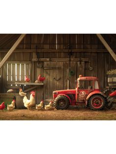 Rustic Farmyard with Red Tractor Photography Backdrop - Rustic farmyard scene with red tractor and chickens Tractor Photography, Wooden Barn, Red Tractor, Printed Backdrops, Studio Setup, Farm Yard, Photography Backdrop, Cake Smash, Main Colors