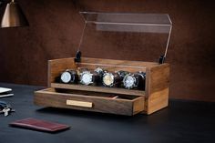 "Immerse yourself in luxury with our mens watch box. Crafted with precision and elegance, our handmade watch box displays your watches stylishly. Redefine the essence of perfection today with a watch boxes that allows your watches to be displayed with utmost care and elegance. Completely handmade using natural solid walnut wood that will accompany you for many years, this luxury watch box is a great idea to organize, display and store your watches. With the acrylic cover watch display box, you c Watch Display Ideas, Mens Jewelry Box, Personalized Watch