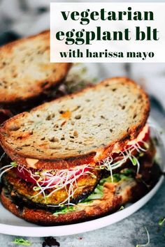 vegetarian eggplant blt sandwich with harrisa mayo