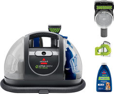 this is an image of a vacuum cleaner and other cleaning supplies including a canister