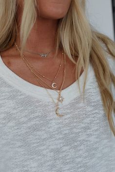 Moonbeam Layered Necklace - Gold | Three Bird Nest Boho Essentials, Three Bird Nest, Bralette Outfit, Crescent Moon Pendant, Gold Necklace Layered, Cute Charms, Bird Nest, Layered Necklace, Moon Pendant