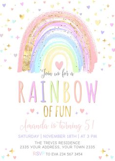 a rainbow birthday party with hearts and stars in the background, on top of a white card