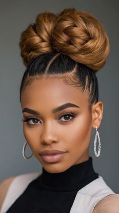 braids hairstyles updo black women Messy Bun Hairstyles Black Women, Goddess Braid Ponytail, Goddess Braid Bun, Side Braid With Bun, Wedding Hair Side, Latest Hair Braids, Seamless Hair Extensions, Black Ponytail Hairstyles, Headpiece Hairstyles