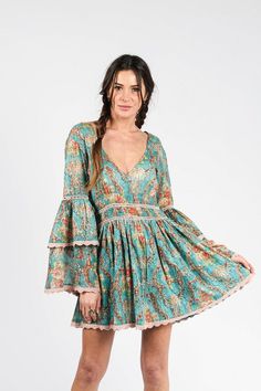 Bell sleeves, tie-back. 90% cotton/10% lurex Bohemian Print Dress, Bohemian Print, Tie Backs, Bell Sleeves, Print Dress, Cover Up, Turquoise