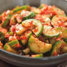 cucumber and pepper stir fry in a pan